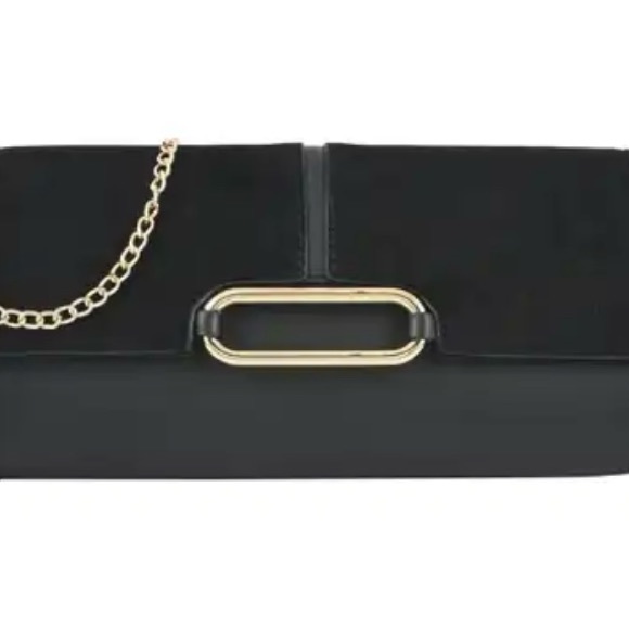 Handbags - Black Faux Leather Clutch with Chain Strap